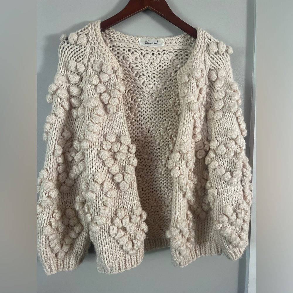 Chicwish Chunky Knit Pom-Pom Cardigan in Cream